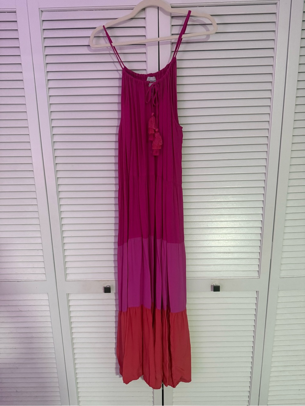 Tommy Bahama Fuchsia and Coral Tiered Maxi Dress with Tassel Tie